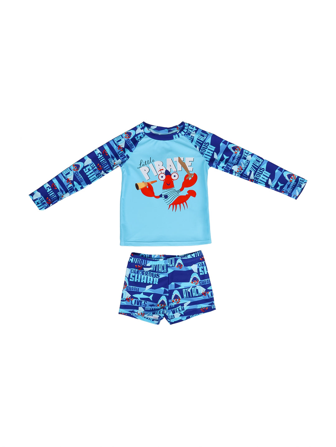 Traje de baño para niño de dos piezas en color azul con estampado de cangrejo pirata.