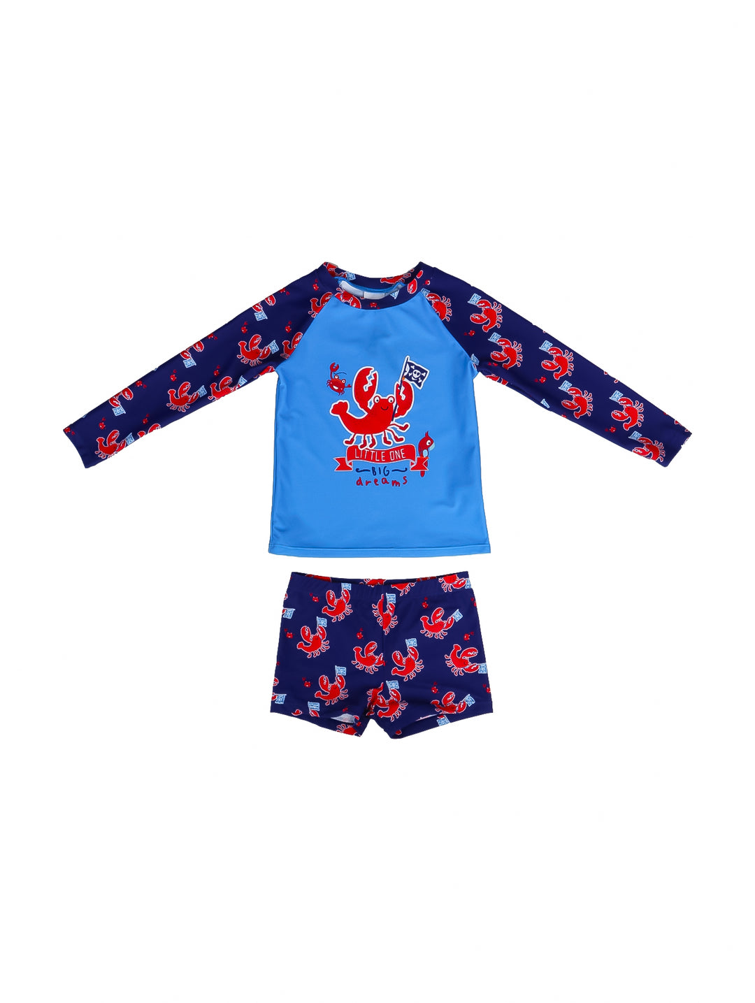 Traje de baño para niño de dos piezas azul y marino con estampado de cangrejos rojos.