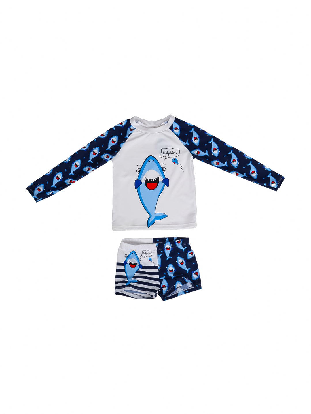 Conjunto de traje de baño para niño con camiseta blanca de manga larga y short azul con estampado de tiburones.