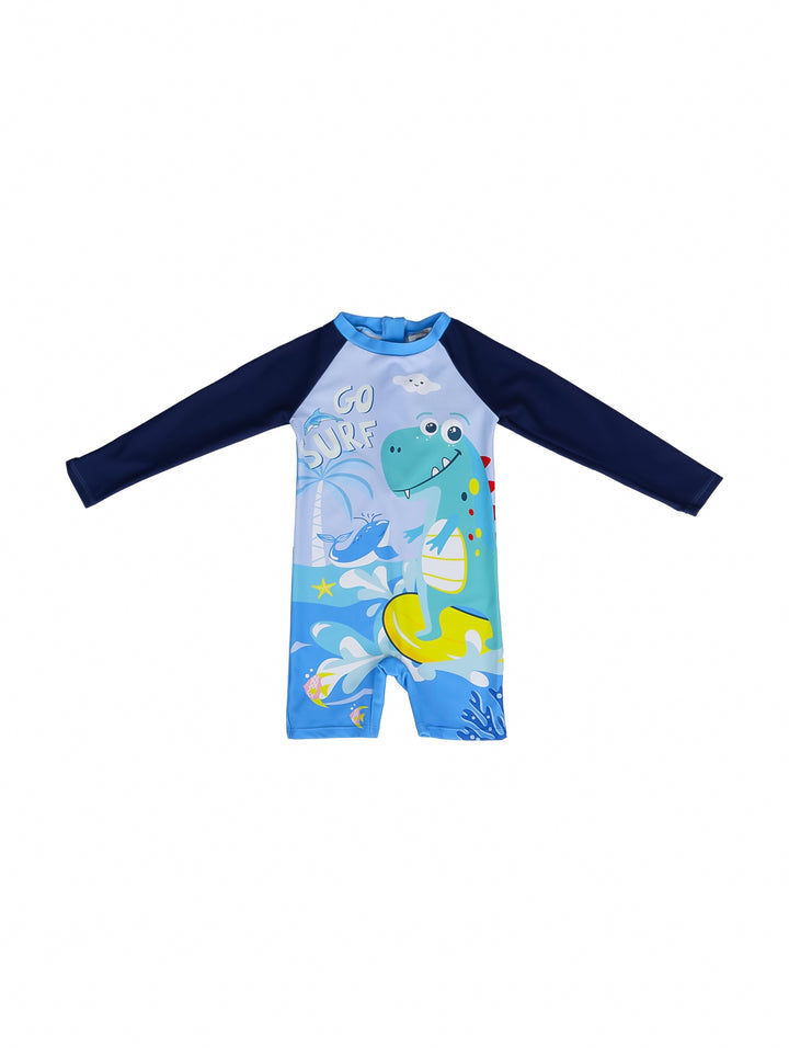 Traje de baño de una pieza azul para niño con estampado de dinosaurio y texto GO SURF