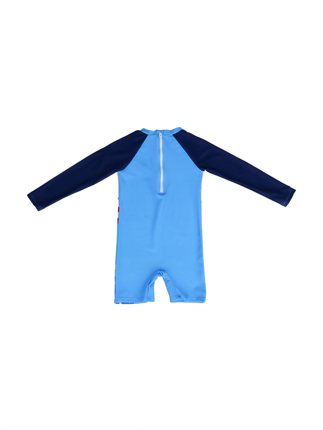 Traje de baño de una pieza azul para niño con estampado de dinosaurio y texto GO SURF