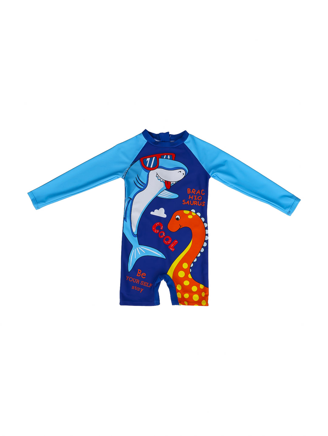 Traje de baño azul de una pieza para niño con mangas largas y estampado de tiburón y dinosaurio.