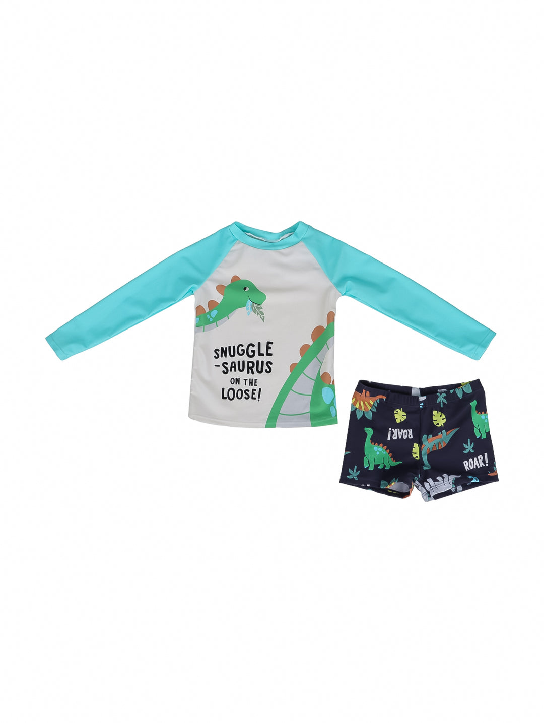Traje de baño para niño de dos piezas con diseño de dinosaurio en colores blanco, menta y azul marino.