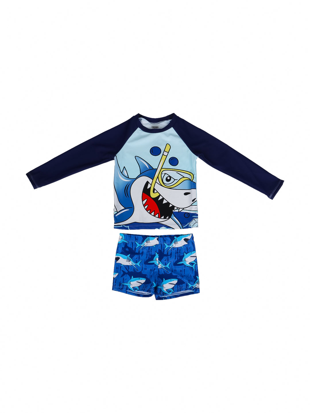 Conjunto de traje de baño para niño en color azul marino y claro con estampado de tiburón, incluye camiseta y shorts.