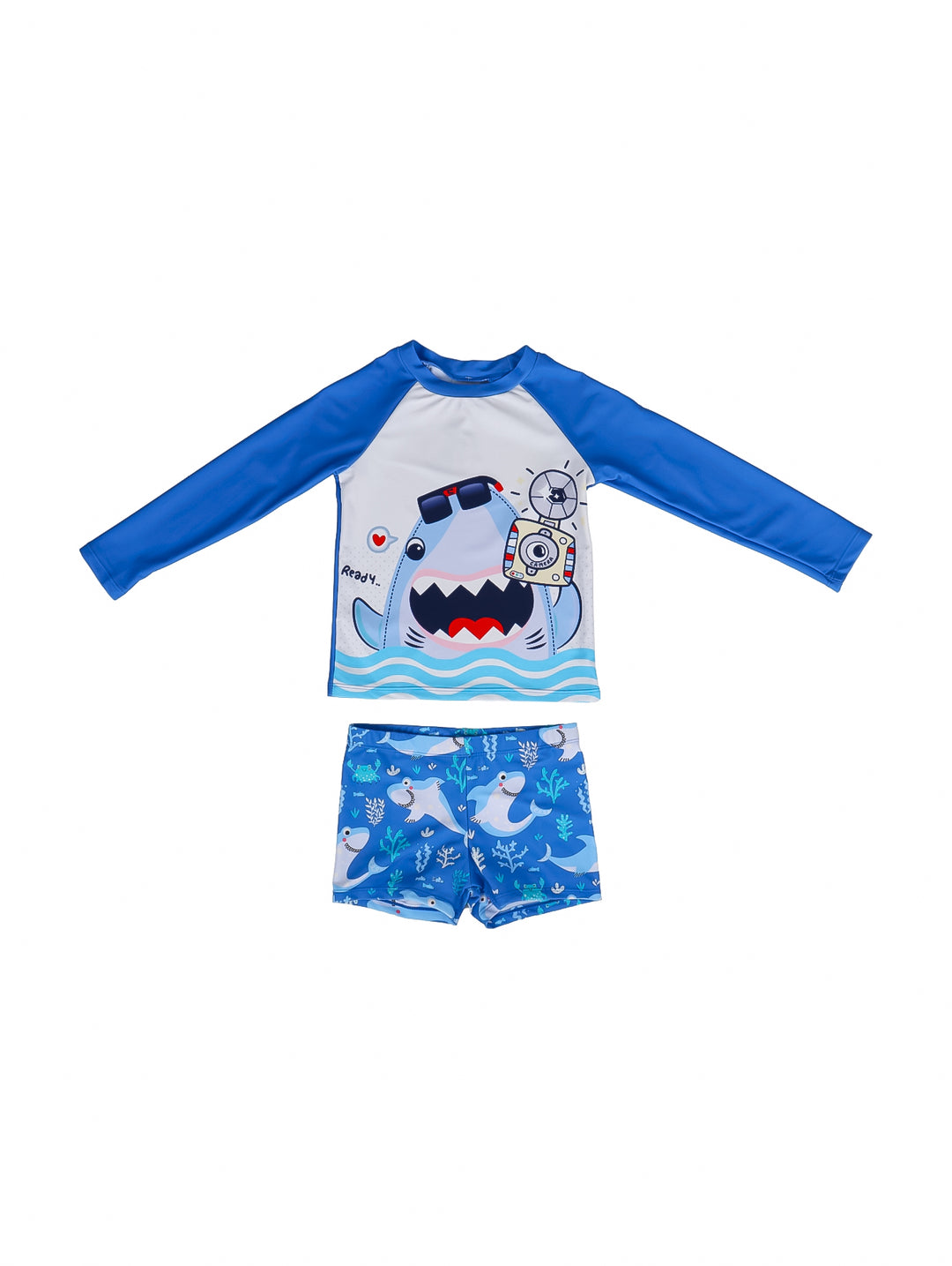 Conjunto de traje de baño para niño azul y blanco con estampado de tiburón, incluye camiseta de manga larga y short.