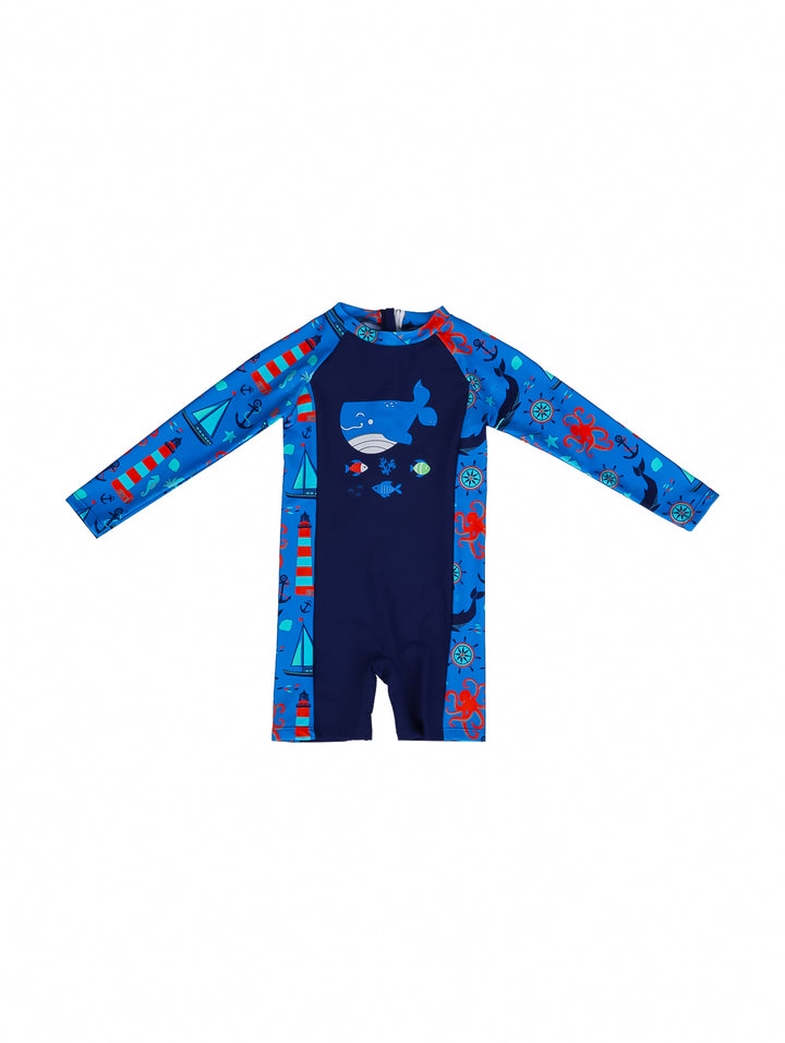 Traje de baño de una pieza manga larga para niño en color azul marino con estampados náuticos.