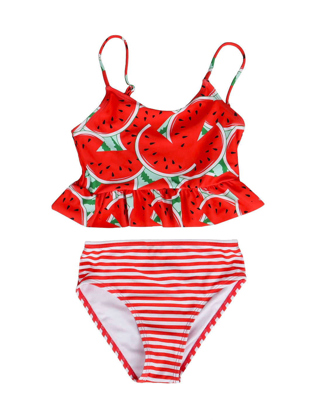 Traje de baño rojo de dos piezas para niña con estampado de sandías en el top y rayas blancas en la parte inferior.