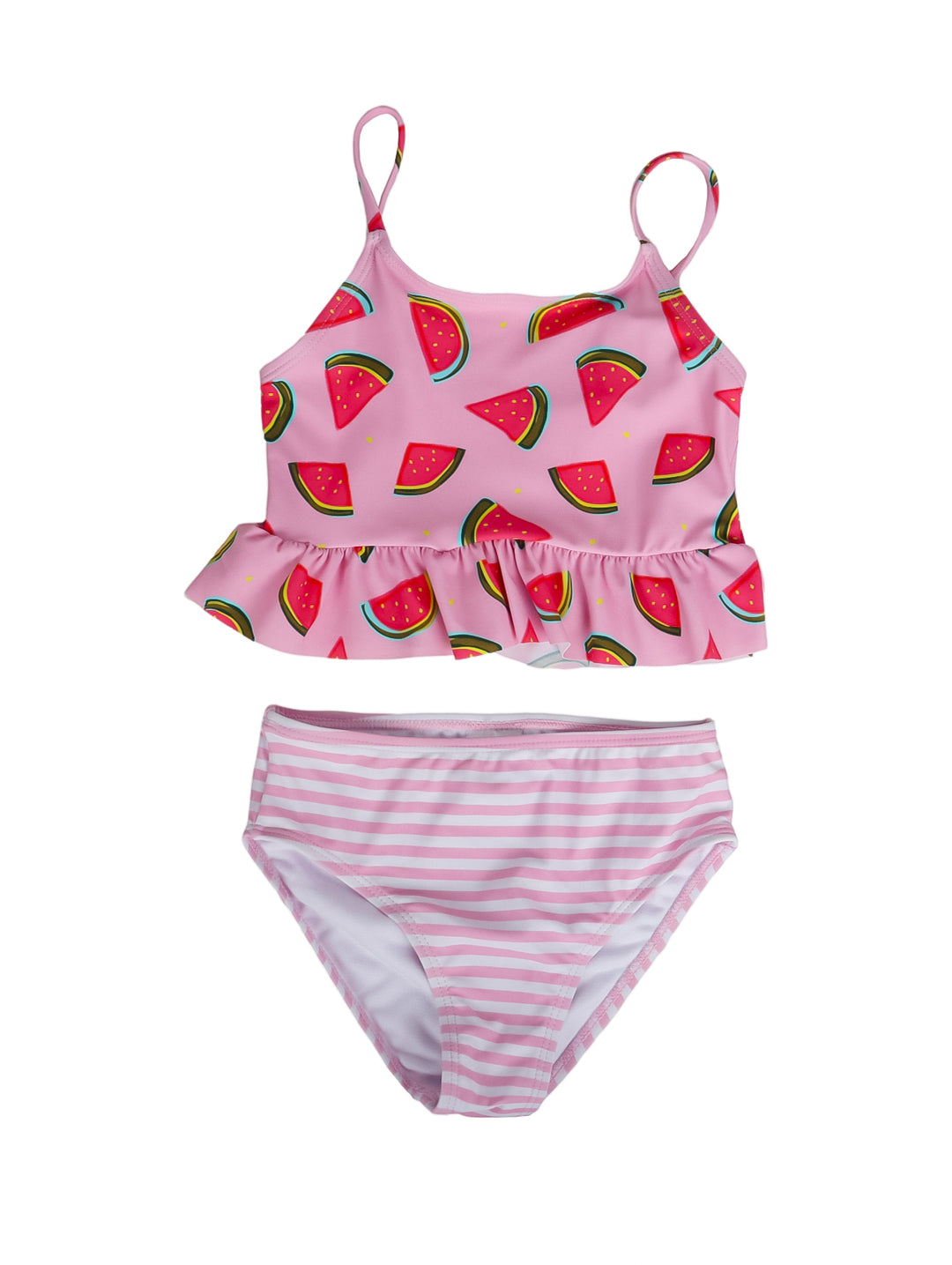 Traje de baño rosa de dos piezas para niña con estampado de sandías en el top y rayas en la parte inferior.