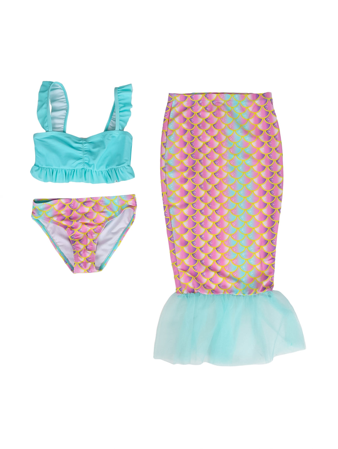 Traje de baño para niña color aqua con conjunto de sirena estampado en escamas multicolores y tul.