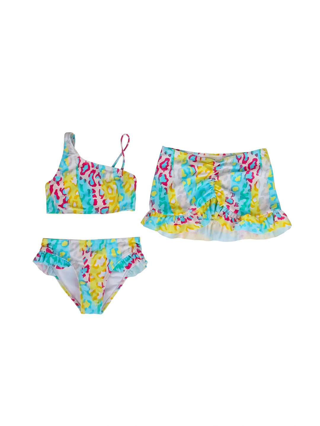 Traje de baño para niña de tres piezas con estampado animal multicolor en amarillo, azul y rosa.