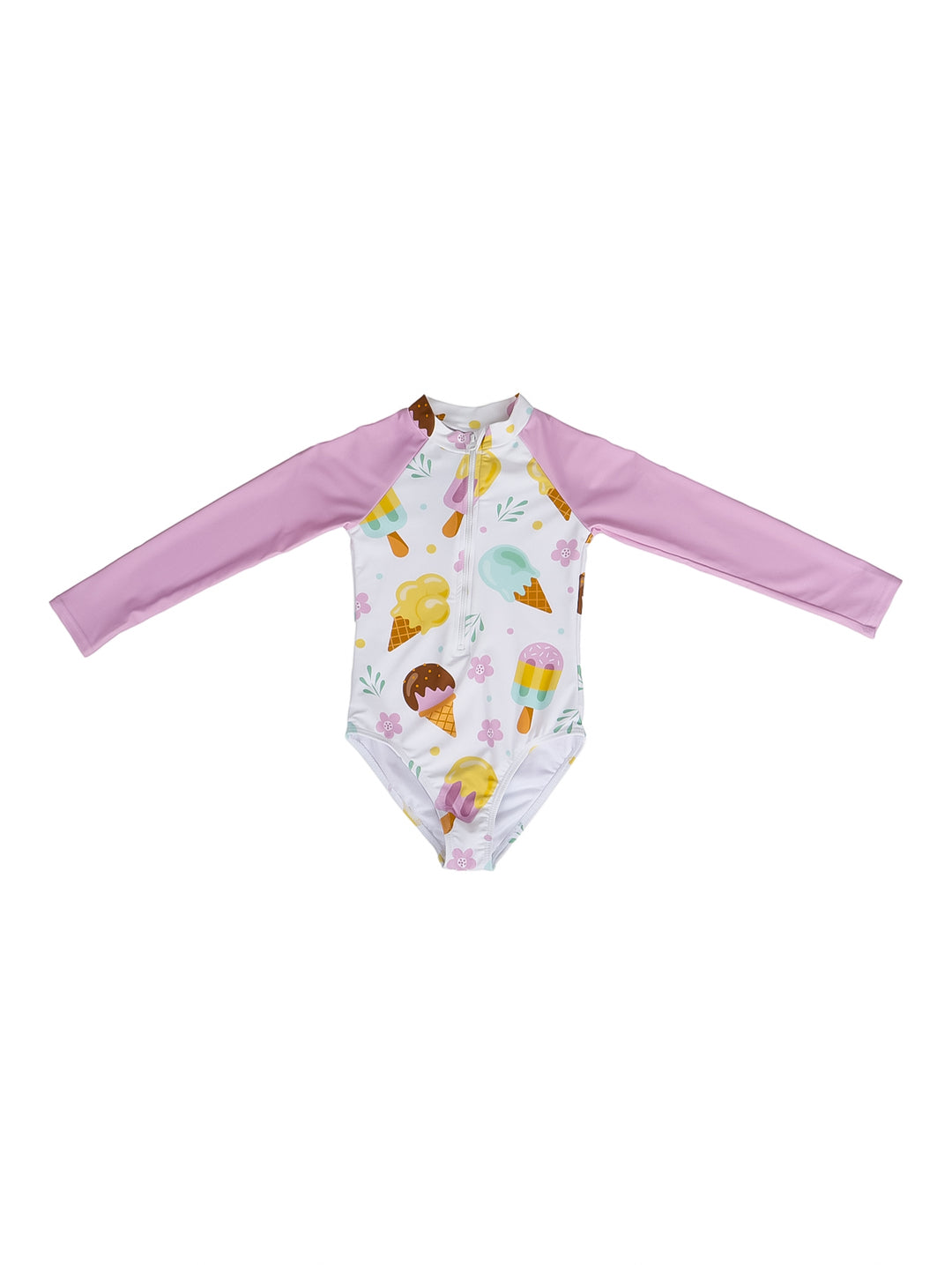 Traje de baño para niña de una pieza con mangas largas rosas y estampado de paletas de colores sobre fondo blanco.