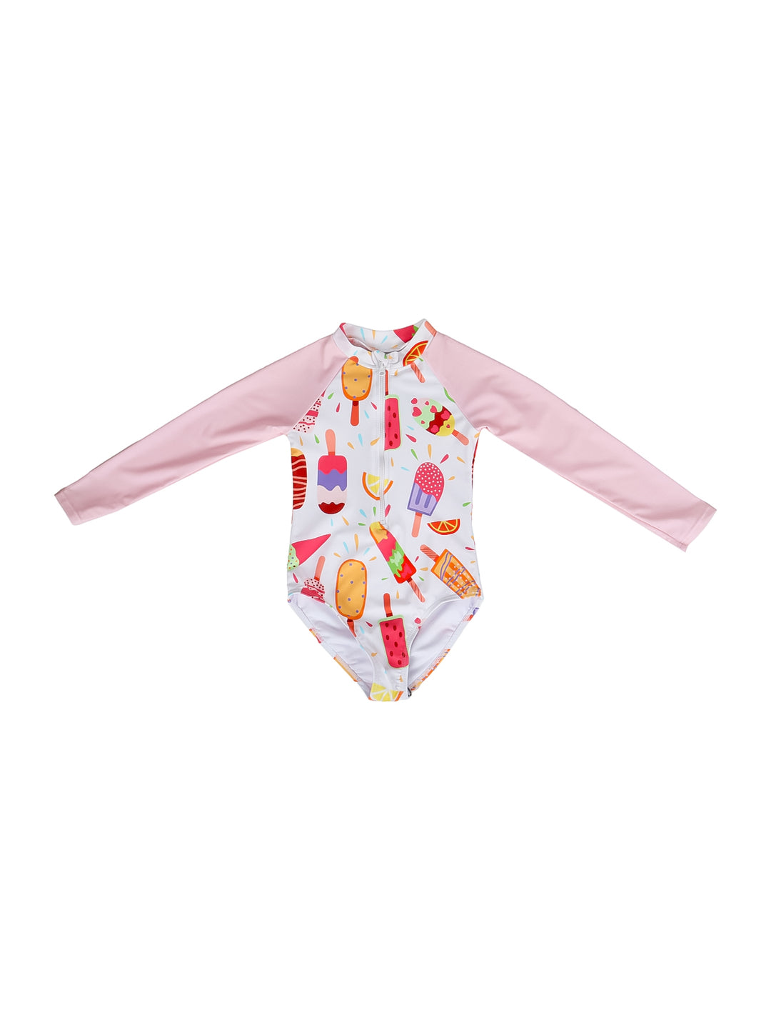 Traje de baño para niña de manga larga en color rosa y blanco con estampado de paletas coloridas.