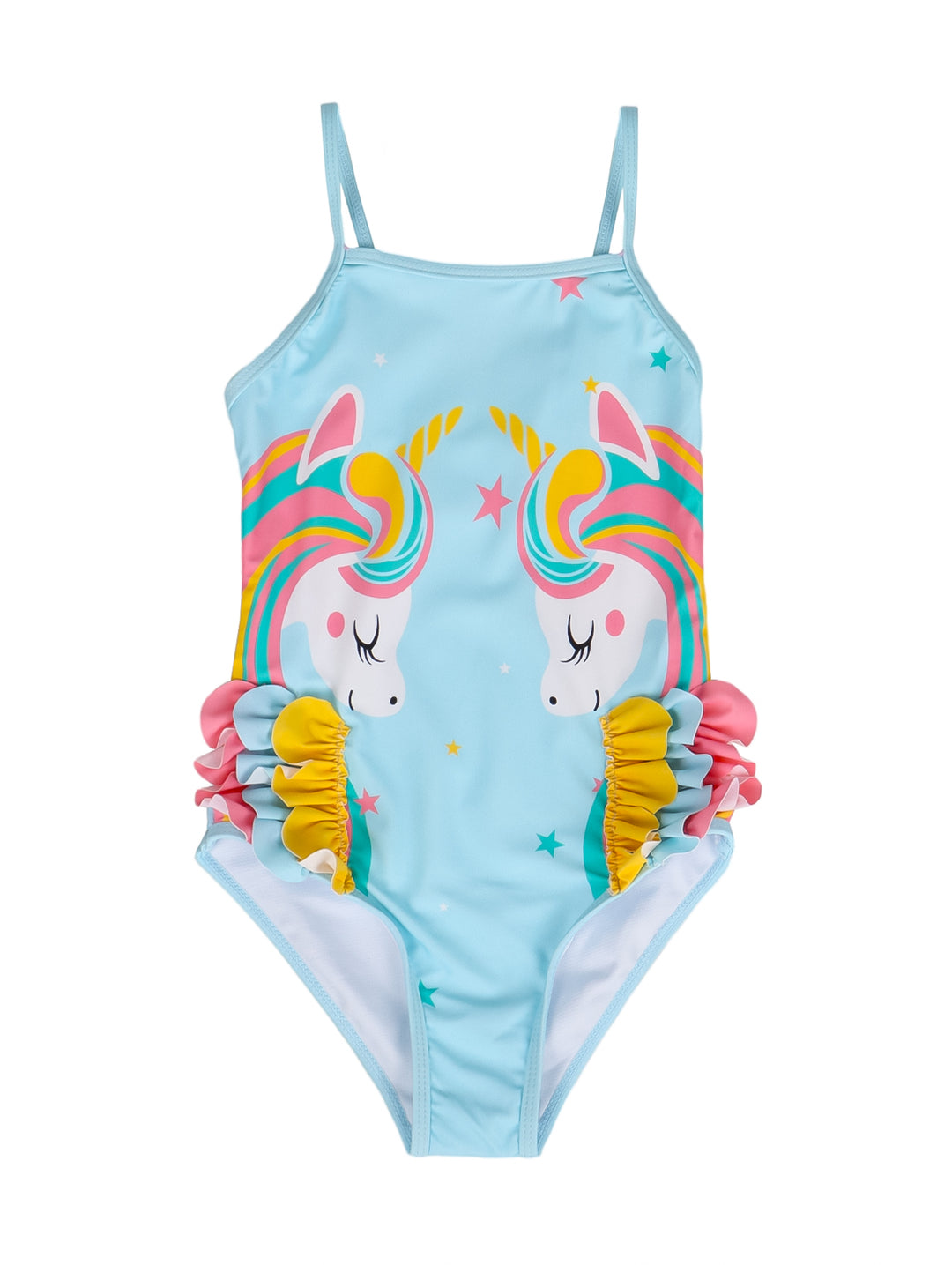 Traje de baño azul para niña con estampado de unicornios y volantes laterales coloridos.