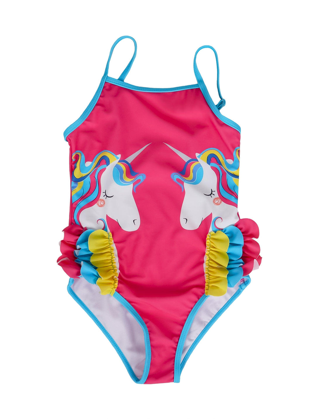 Traje de baño rosa para niña con estampado de unicornios y detalles de volantes amarillos y azules.