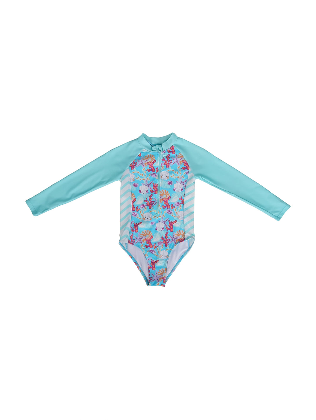 Traje de baño enterizo de manga larga color aqua con estampado marino colorido para niña.