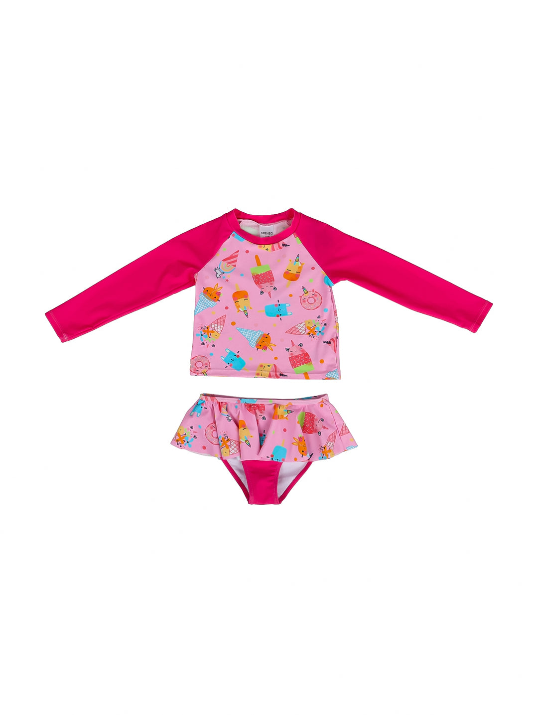 Traje de baño fucsia para niña de dos piezas con manga larga y estampado de paletas de helado.