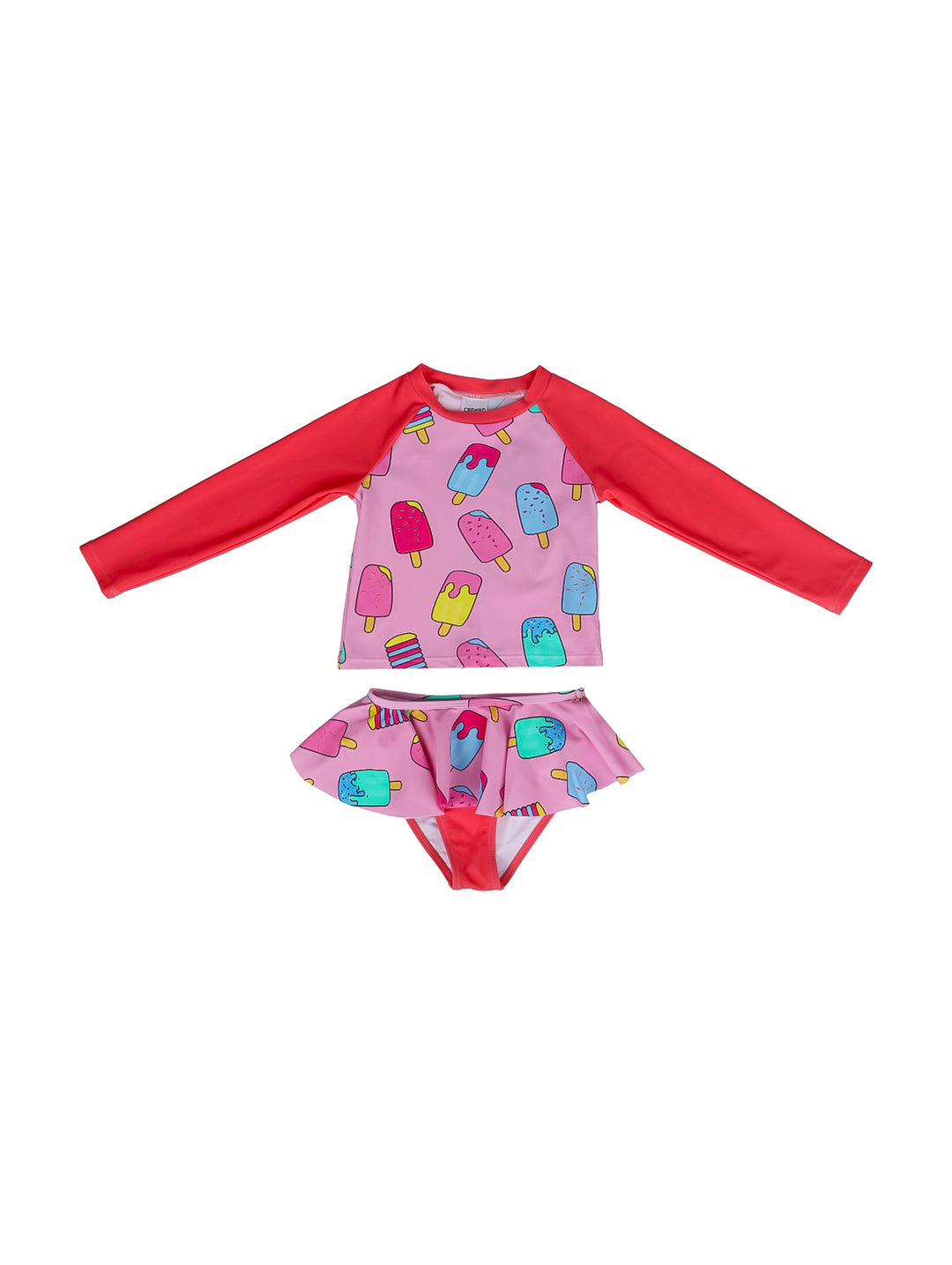 Traje de baño para niña de dos piezas color salmón y rosa con estampado de paletas de hielo.