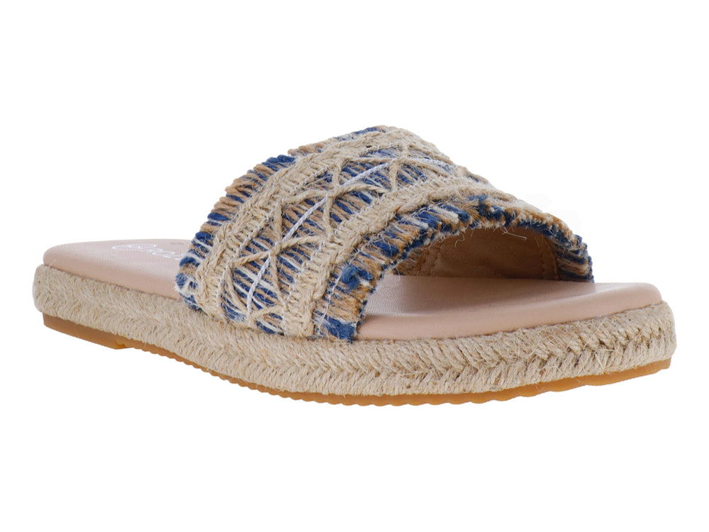 Sandalia plana ROZE con banda tejida en colores azul denim y beige sobre suela de esparto.
