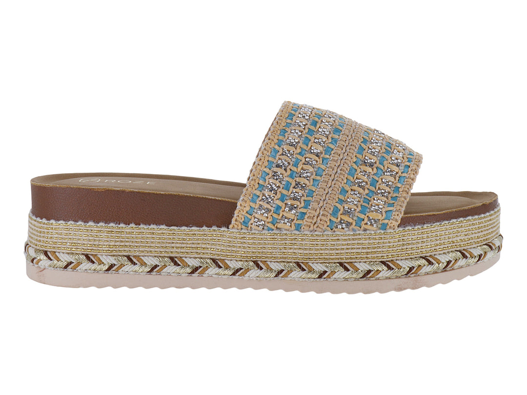 Sandalia de plataforma con correa tejida en azul y beige y suela de estilo espadrille.