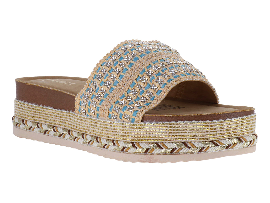 Sandalia de plataforma con correa tejida en azul y beige y suela de estilo espadrille.