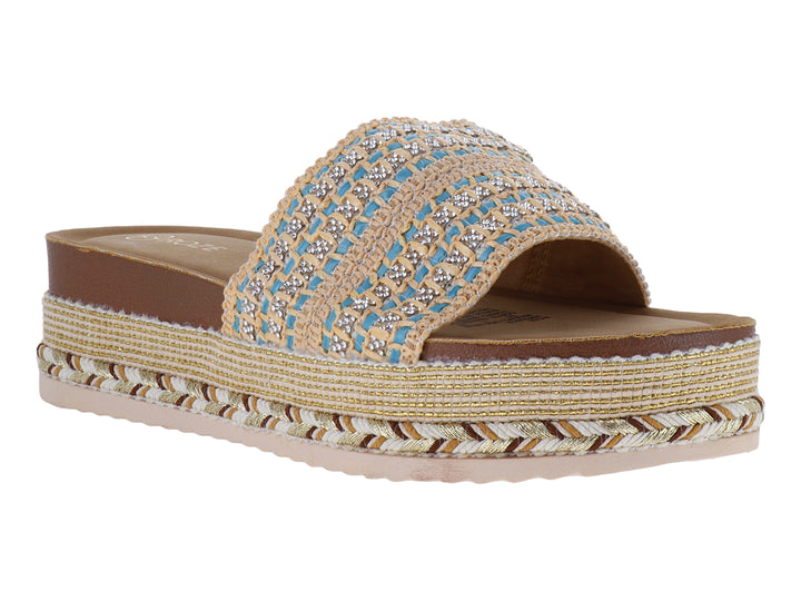 Sandalia de plataforma con correa tejida en azul y beige y suela de estilo espadrille.