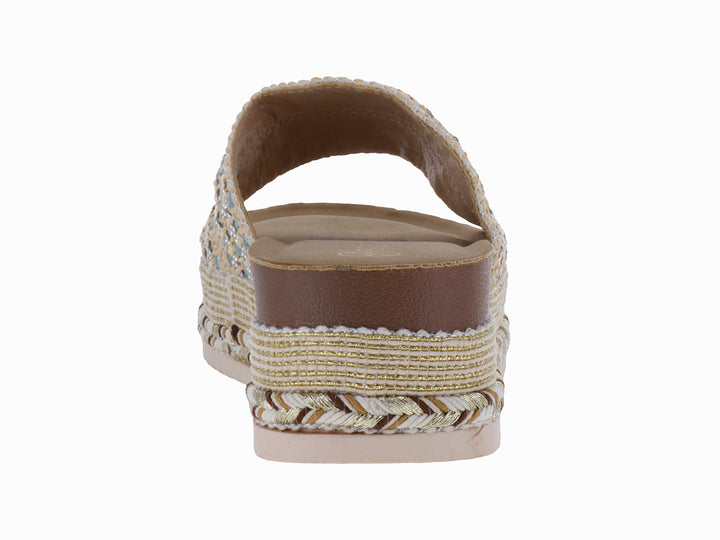 Sandalia de plataforma con correa tejida en azul y beige y suela de estilo espadrille.