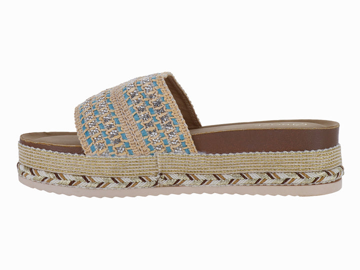 Sandalia de plataforma con correa tejida en azul y beige y suela de estilo espadrille.