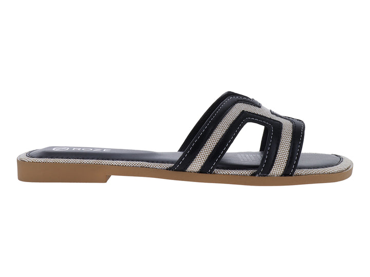 Sandalia plana ROZE en colores negro y beige con diseño de tiras transversales.