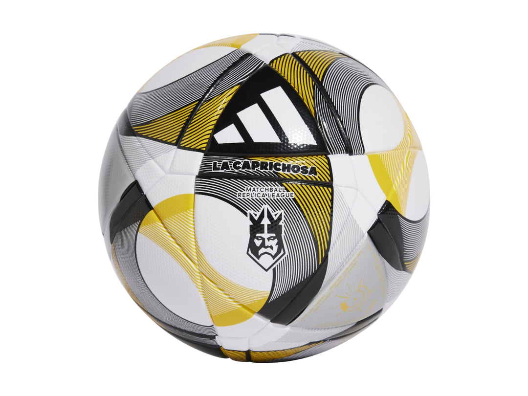 Balón de fútbol Adidas multicolor blanco, amarillo y negro con logos de La Caprichosa y Kings League.