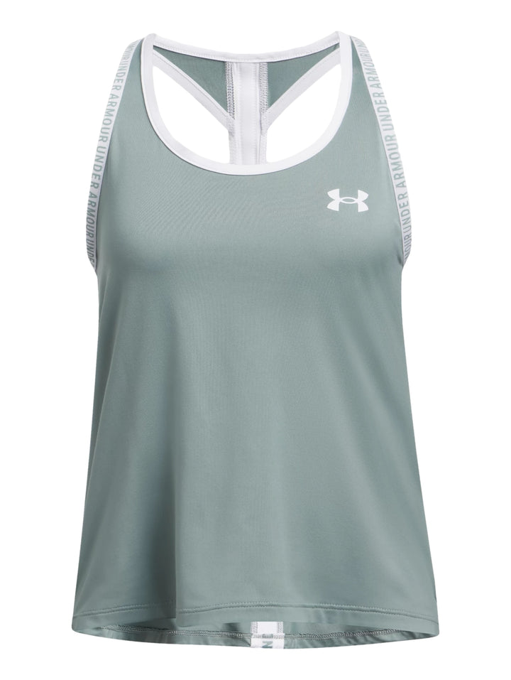 Camiseta deportiva sin mangas Under Armour color verde con tirantes blancos.