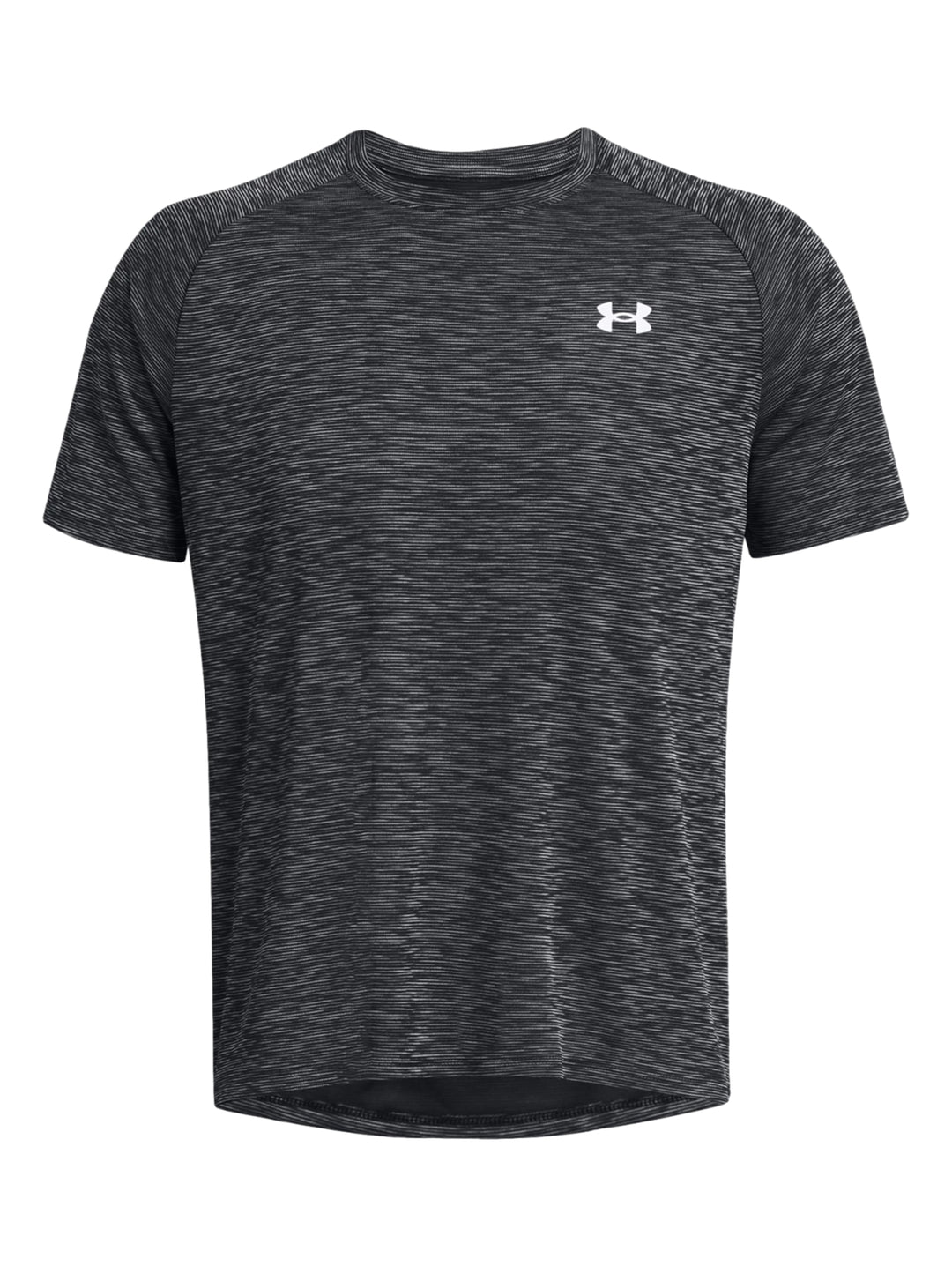 Hombre vistiendo playera deportiva Under Armour de color gris jaspeado con manga corta y cuello redondo.