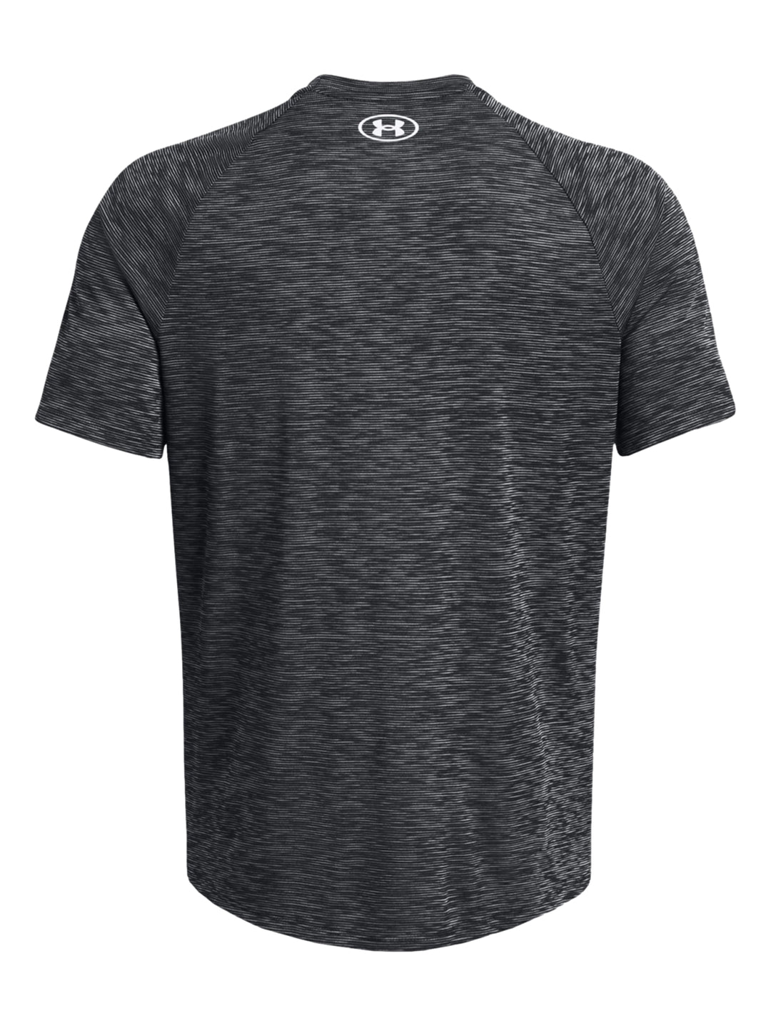 Hombre vistiendo playera deportiva Under Armour de color gris jaspeado con manga corta y cuello redondo.