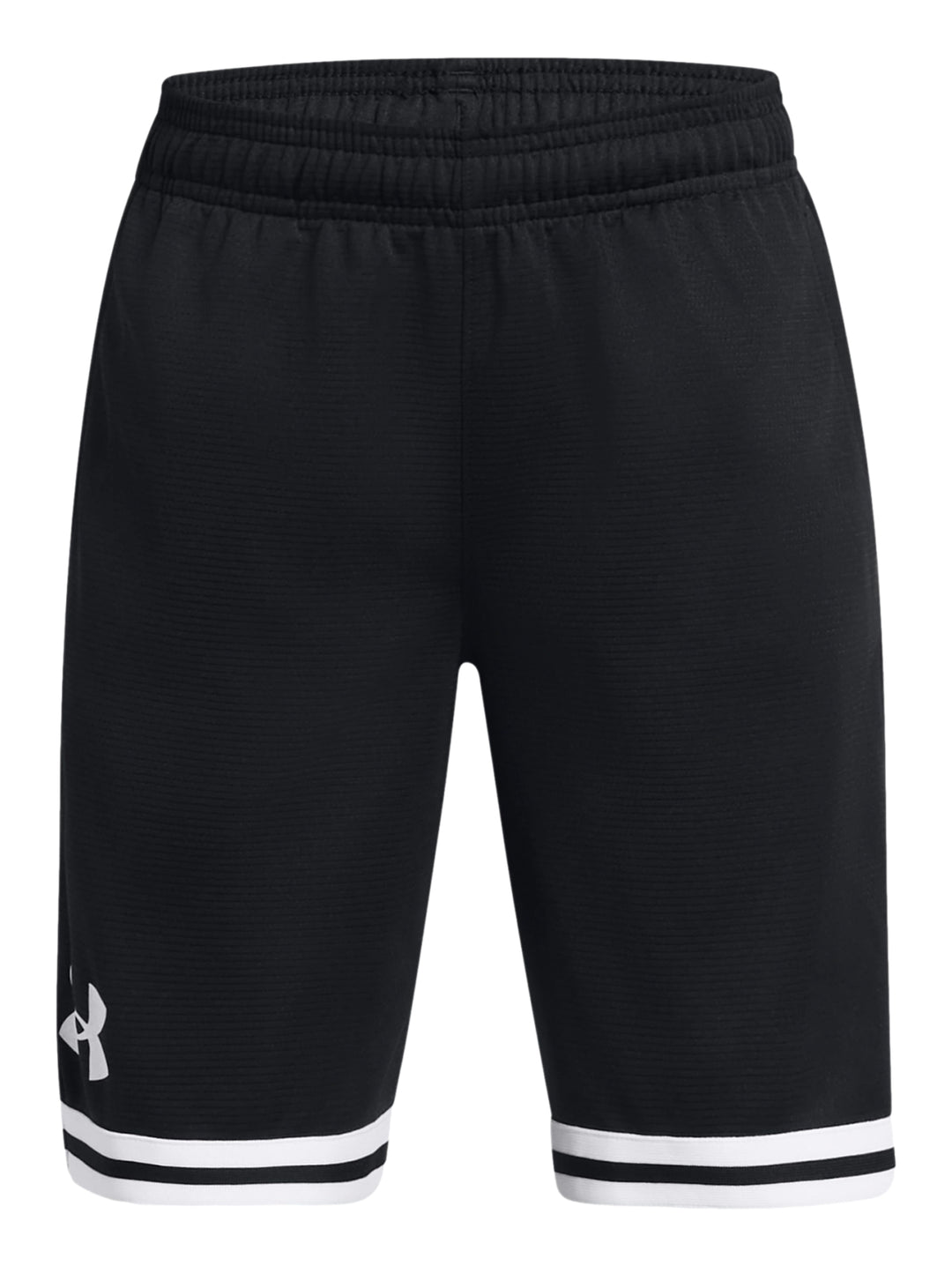Pantalones cortos deportivos Under Armour color negro con franjas blancas en el borde inferior.