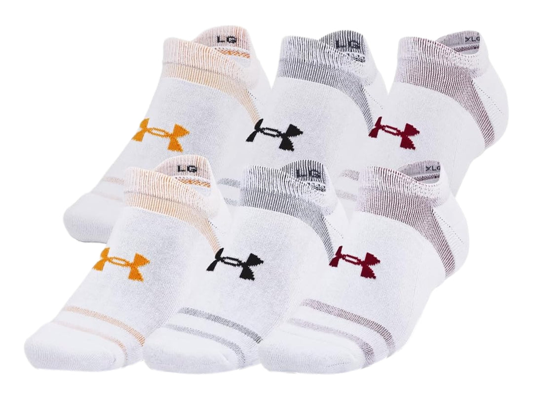 Paquete de 6 pares de calcetines tobilleros blancos Under Armour con detalles en colores naranja, gris y guinda.