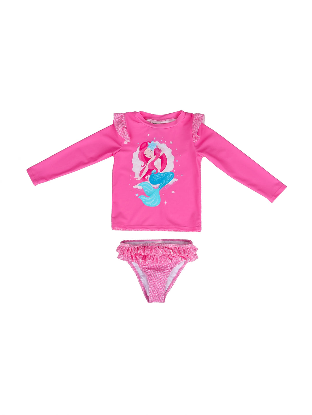 Traje de baño fucsia de dos piezas para niña con estampado de sirena y manga larga.