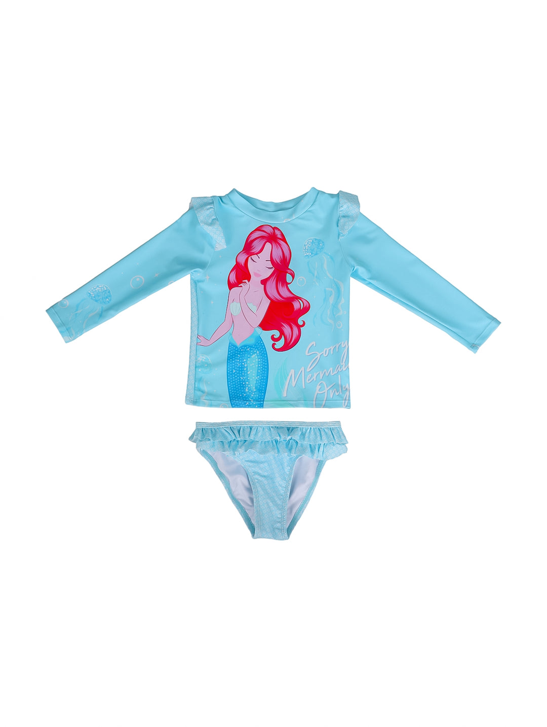 Traje de baño de dos piezas para niña en color azul cielo con estampado de sirena y manga larga.