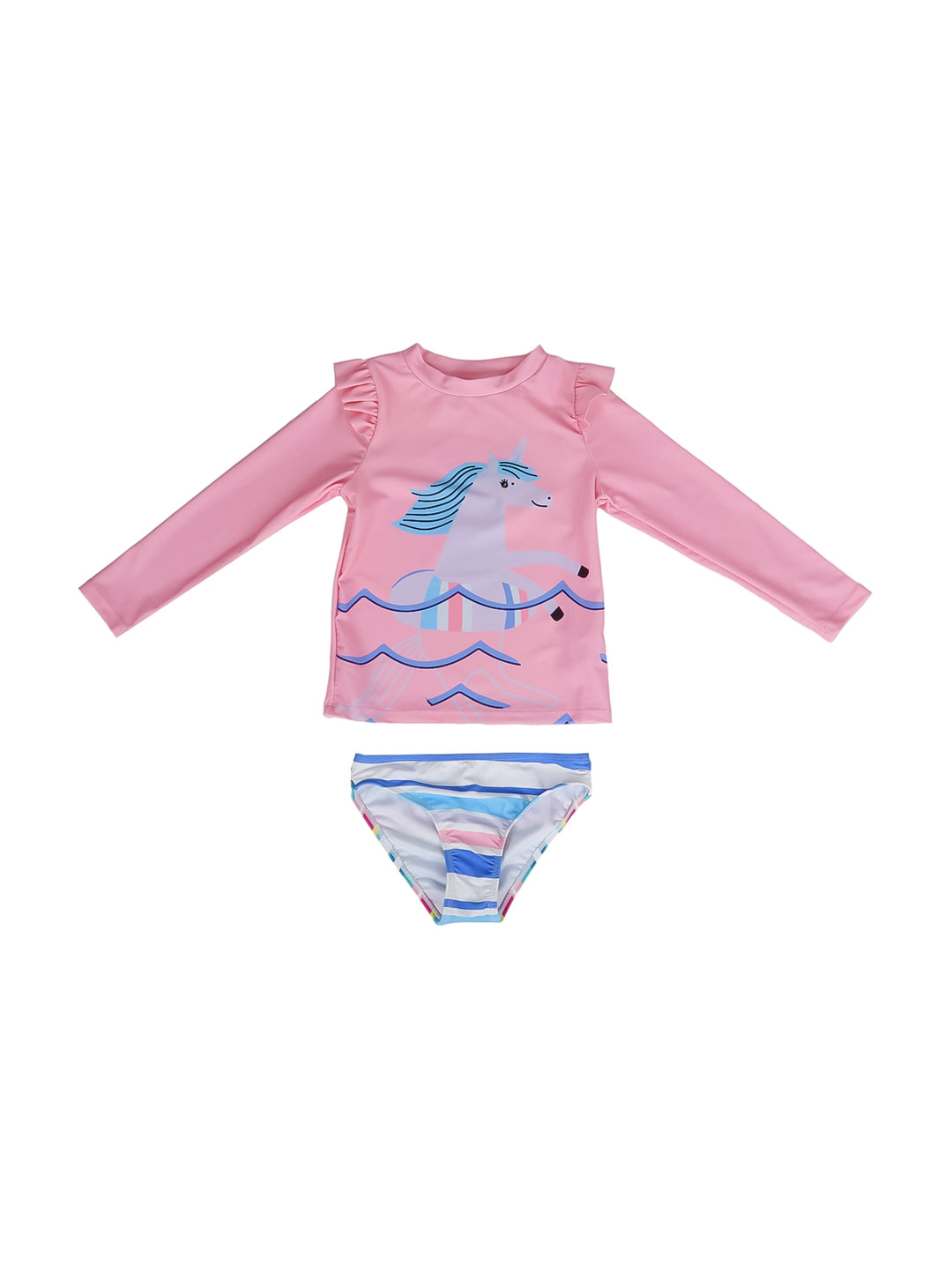 Traje de baño para niña de dos piezas, camiseta rosa con estampado de unicornio y parte inferior a rayas.