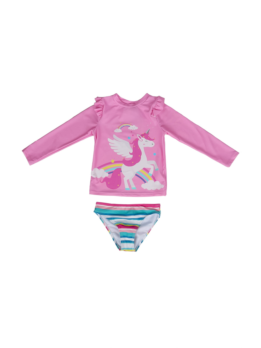 Traje de baño de dos piezas para niña, top fucsia con estampado de unicornio y parte inferior a rayas multicolores.