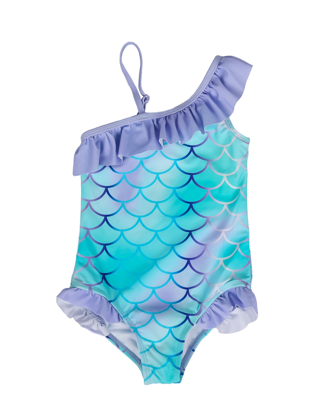 Traje de baño de una pieza para niña con estampado de escamas de sirena en tonos azul y lila con volantes.
