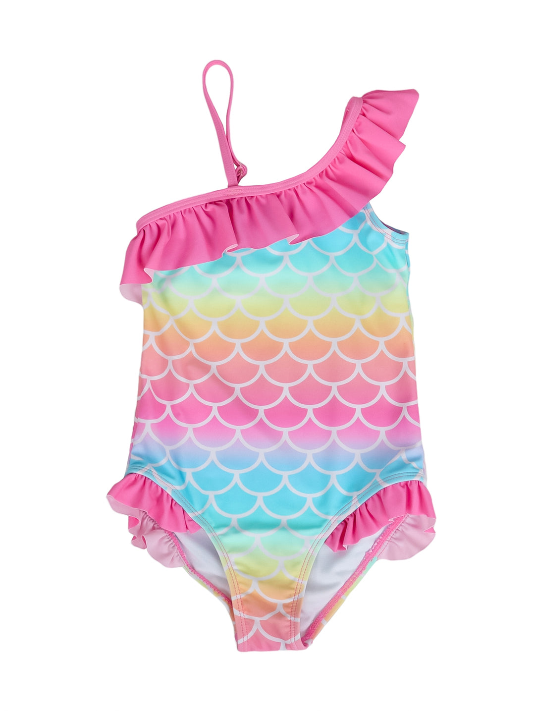 Traje de baño enterizo para niña con estampado de escamas multicolor y volantes color fucsia.