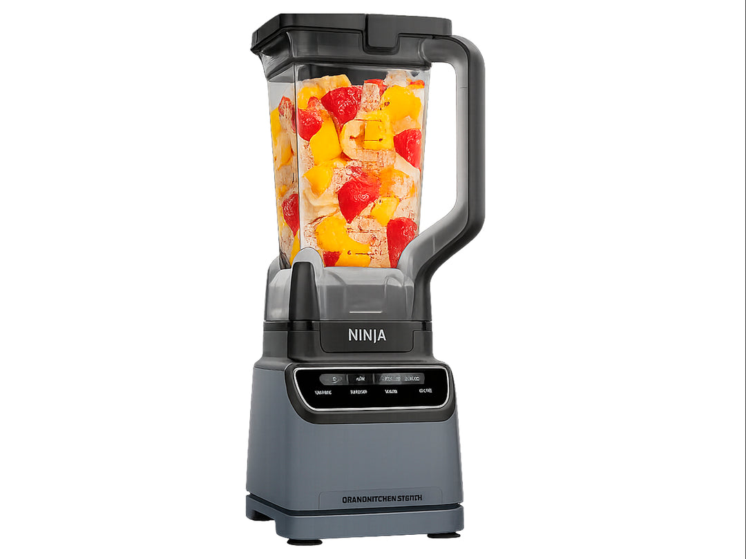 Sistema de cocina Ninja en color gris y blanco que incluye licuadora profesional, procesador de alimentos y vaso personal.