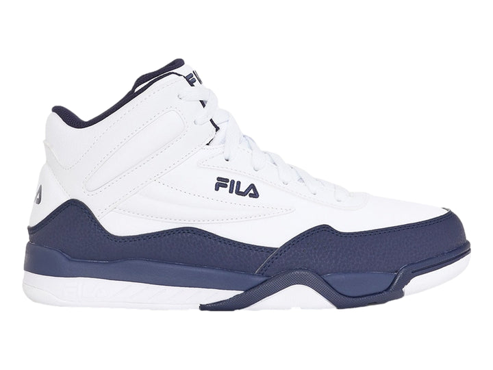 Tenis deportivos FILA de bota alta en colores blanco y azul marino con logotipo lateral.