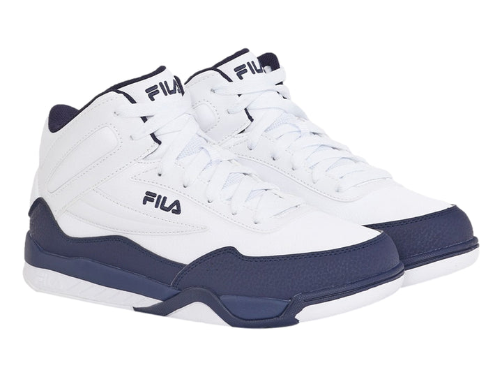 Tenis deportivos FILA de bota alta en colores blanco y azul marino con logotipo lateral.