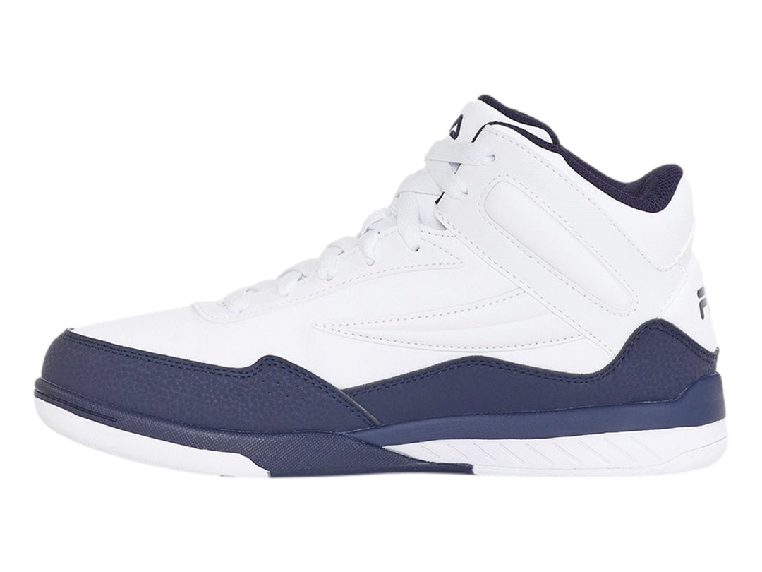 Tenis deportivos FILA de bota alta en colores blanco y azul marino con logotipo lateral.