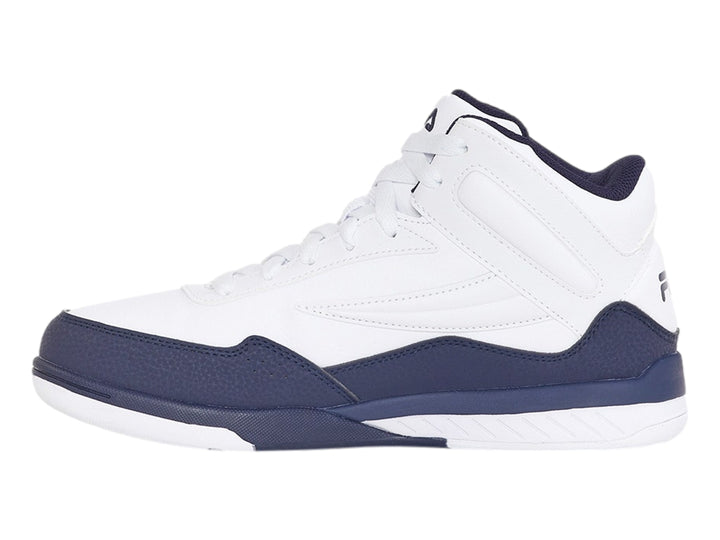 Tenis deportivos FILA de bota alta en colores blanco y azul marino con logotipo lateral.