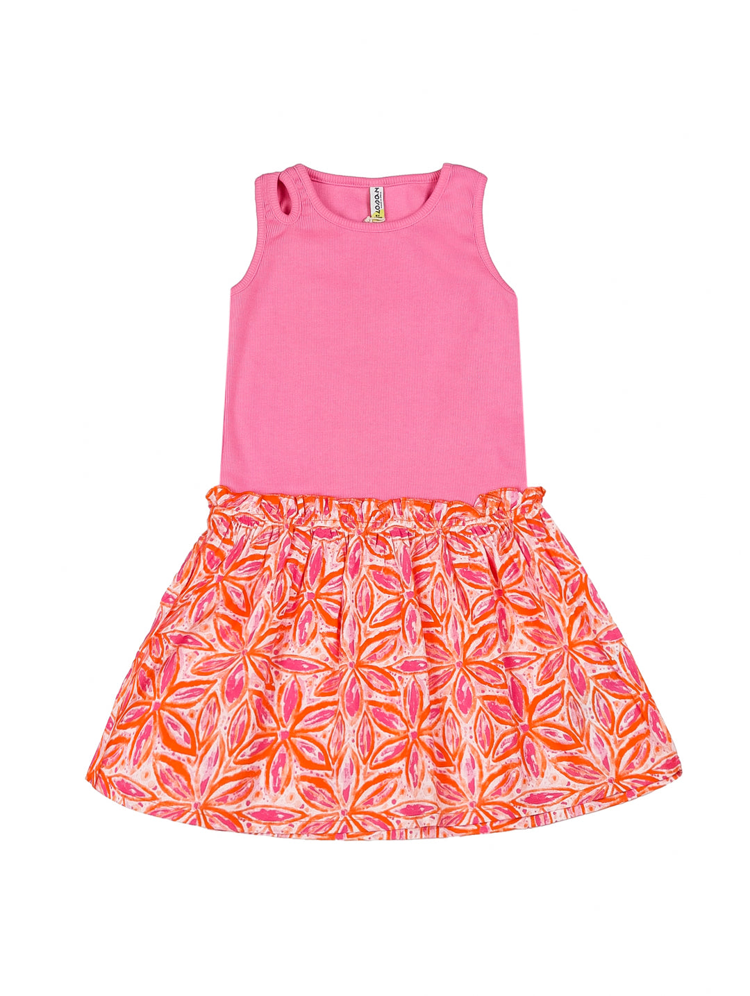 Vestido para niña con top rosa y falda estampada en colores rosa y naranja.