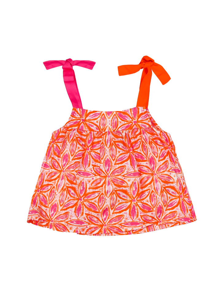Blusa para niña color naranja y rosa con estampado floral y tirantes de lazo.