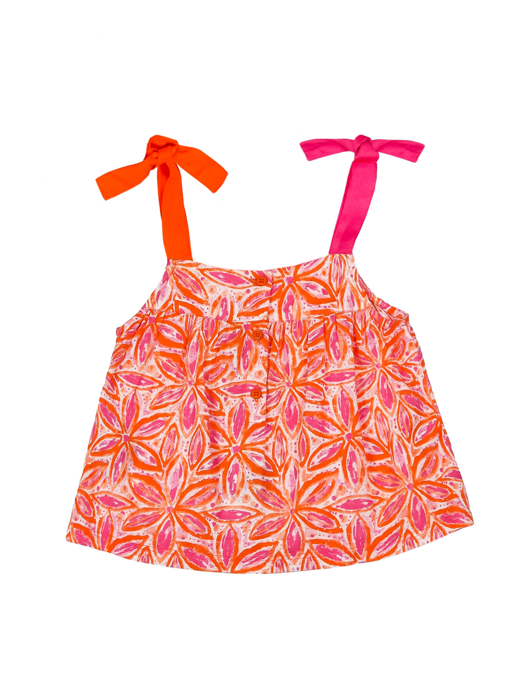 Blusa para niña color naranja y rosa con estampado floral y tirantes de lazo.