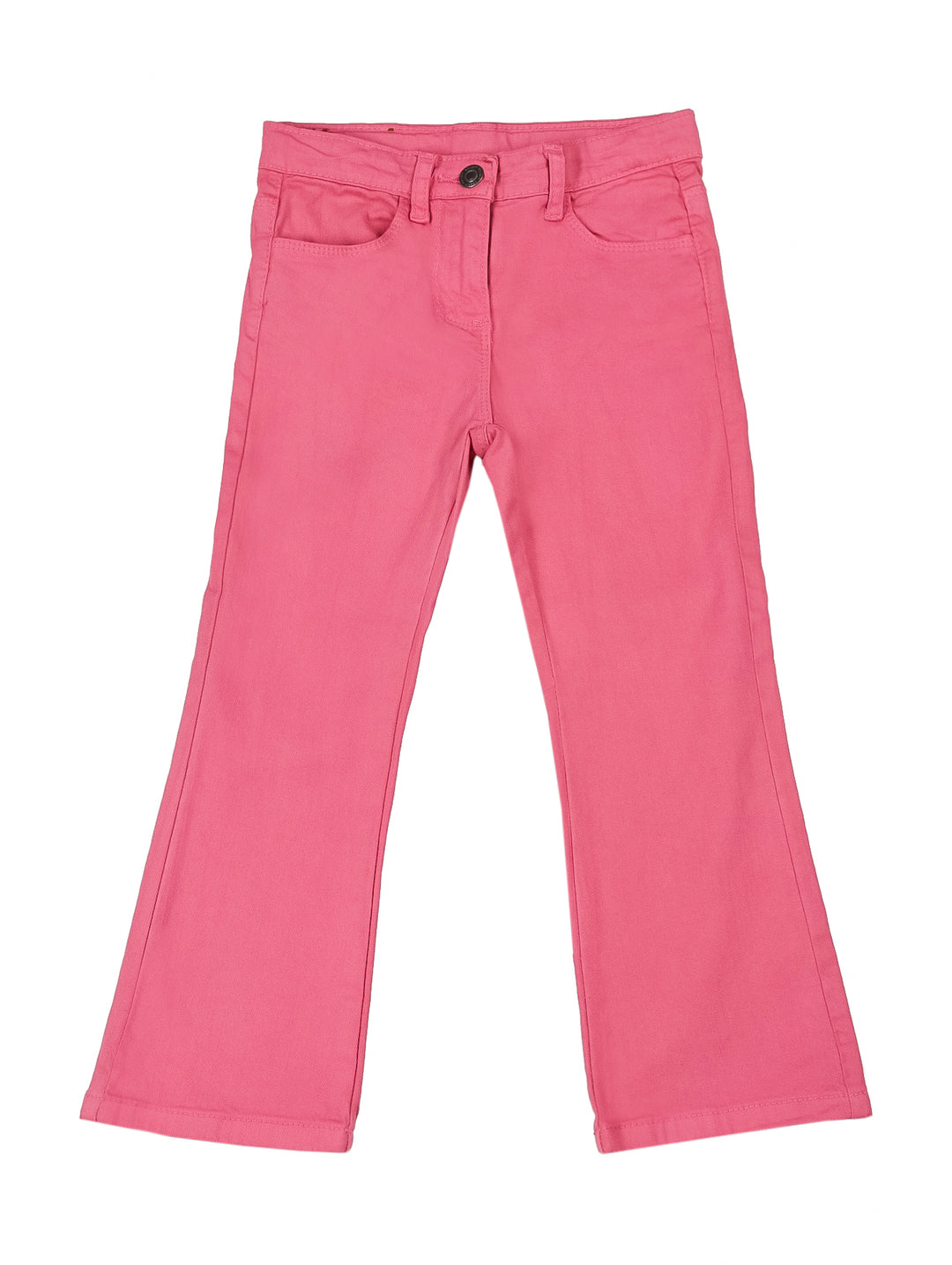Pantalón de mezclilla color fucsia para niña con corte ligeramente ancho en la parte inferior.