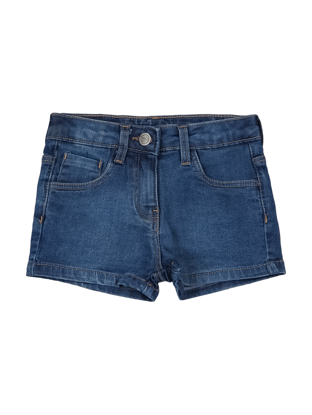 Short de mezclilla color azul medio para niña con bolsillos frontales y botón.